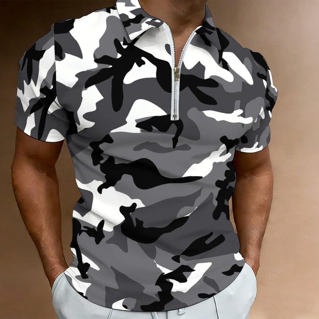 Women Short Sleeve Polo Shirt Khaki Black Brown Full Leopard Spot Print Half Zip Lapel Top