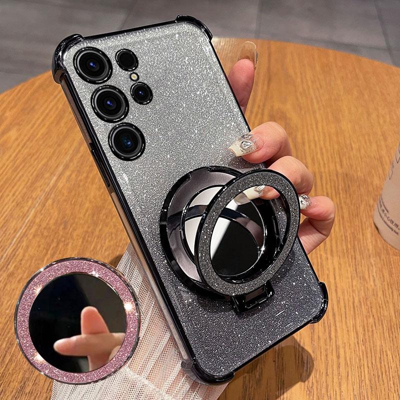 Glitter Soft Silicone Case for Samsung Galaxy S26 Ultra S25 S24 S23 S22 Plus A17 A37 A57 A36 A56 A55 A54 Mirror Stand Lens Protect Shockproof Cover