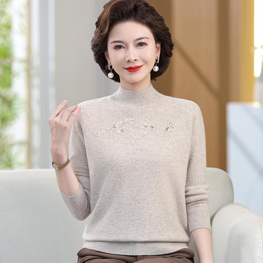 Mom's Wool Cardigan: Women's Fashionable Cashmere Blend Semi-High Neck Knitted Sweater for Autumn/Winter