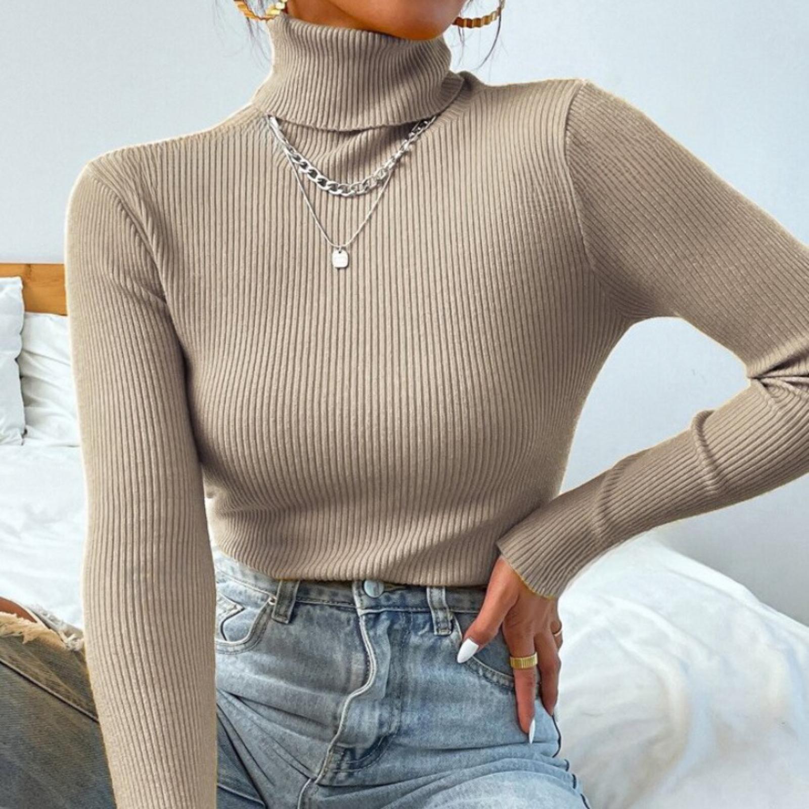 

Женский вязаный свитер с высоким воротником, базовый свитер, вязаный топ облегающего кроя L хаки