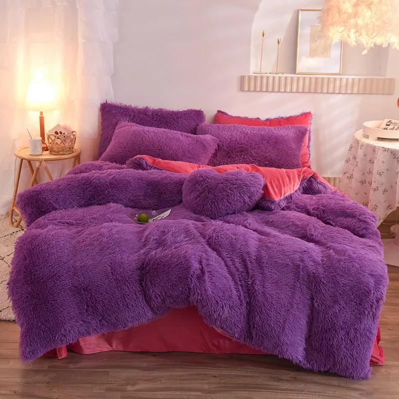 3/4PCS Winter Warm Plush Duvet Cover Pink Mink Velve+fluffy Flannel Quilt Cover Queen King Size Luxury Double Bed Bedding Set