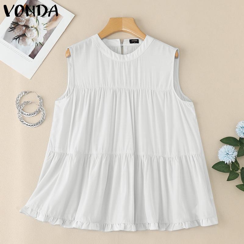 VONDA Summer Women Casual Round Neck Ruffled Loose Sleeveless Tank Tops S белый