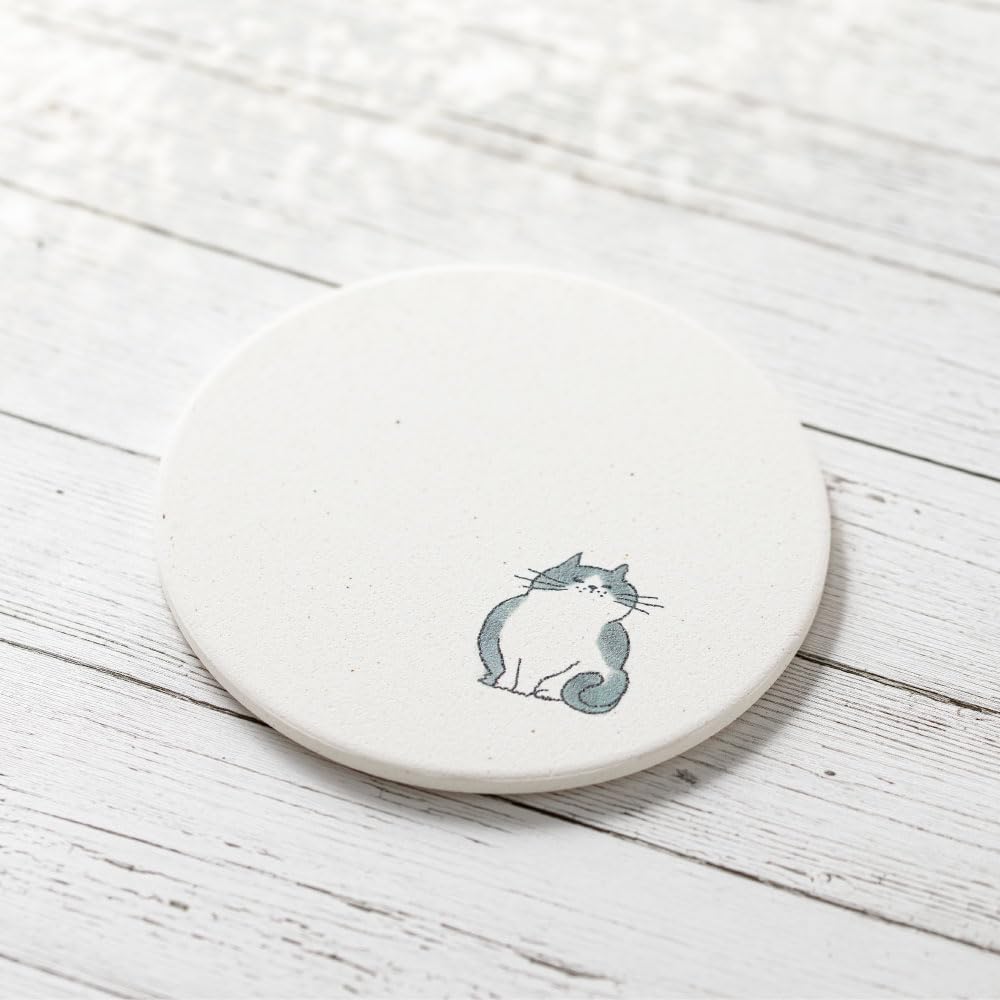 &NE Ceramic Diatomaceous Earth Coaster, Neko (Osumashi) White, 1 piece, 9.7cm diameter x 0.6cm thick, Made in Japan, Mino ware, Asbestos-free,