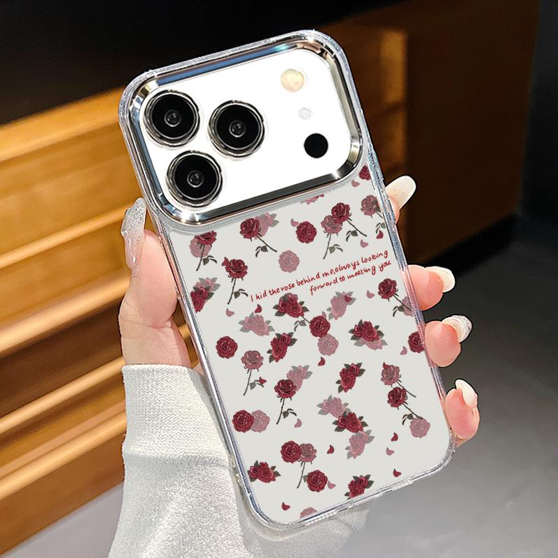 Pink Peony Floral Pattern Case For iPhone 17 Pro Max Plating Lens Frame Clear Soft Cover For iPhone 16 15 14 13 Pro Max 11 16E 17E