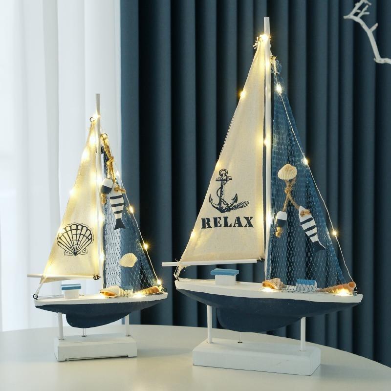LED Wooden Sailboat Model, Nautical Mediterranean Style Home Decor, Coastal Sea Theme Tabletop Boat Ornament, Sailing Ship Gift