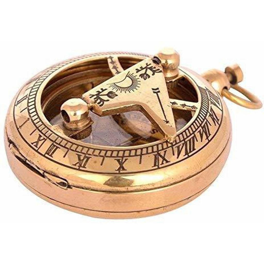 India Brass Push Button Mini Sundial Compass Pocket Sundial Compass (Gold)