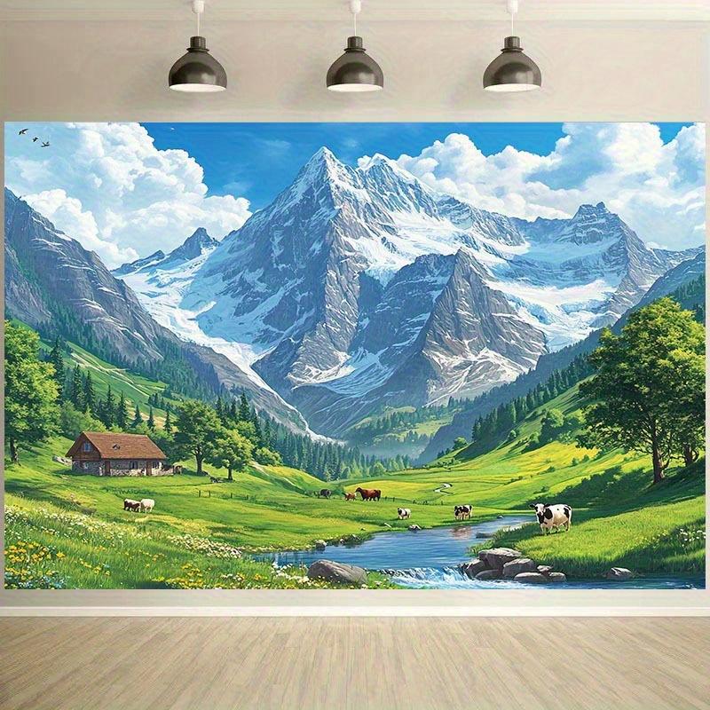 2D plane, 1 piece of mountain scenery background fabric, depicting snow-covered mountains, green valleys, and rural cottages