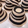 JapaneseIns Stripe 100% Raffia Bucket Hats Women Woven Color Matching Summer Beach Vacation Sunshade Fashion Foldable Sun Hats