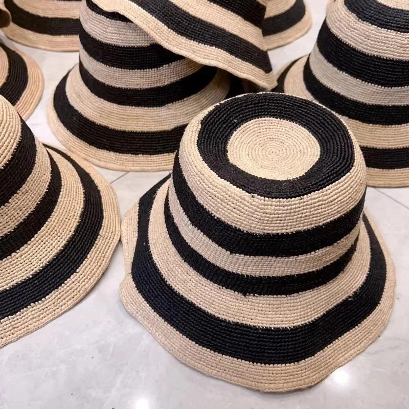 JapaneseIns Stripe 100% Raffia Bucket Hats Women Woven Color Matching Summer Beach Vacation Sunshade Fashion Foldable Sun Hats