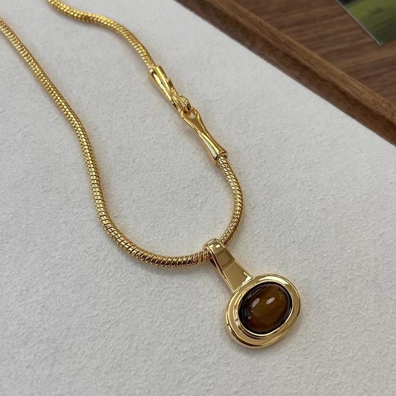 Tiger Eye Stone Pendent Necklace Women's Fashion Jewelry Accessory Coffee Color Chain Beads Jewelry Accessories