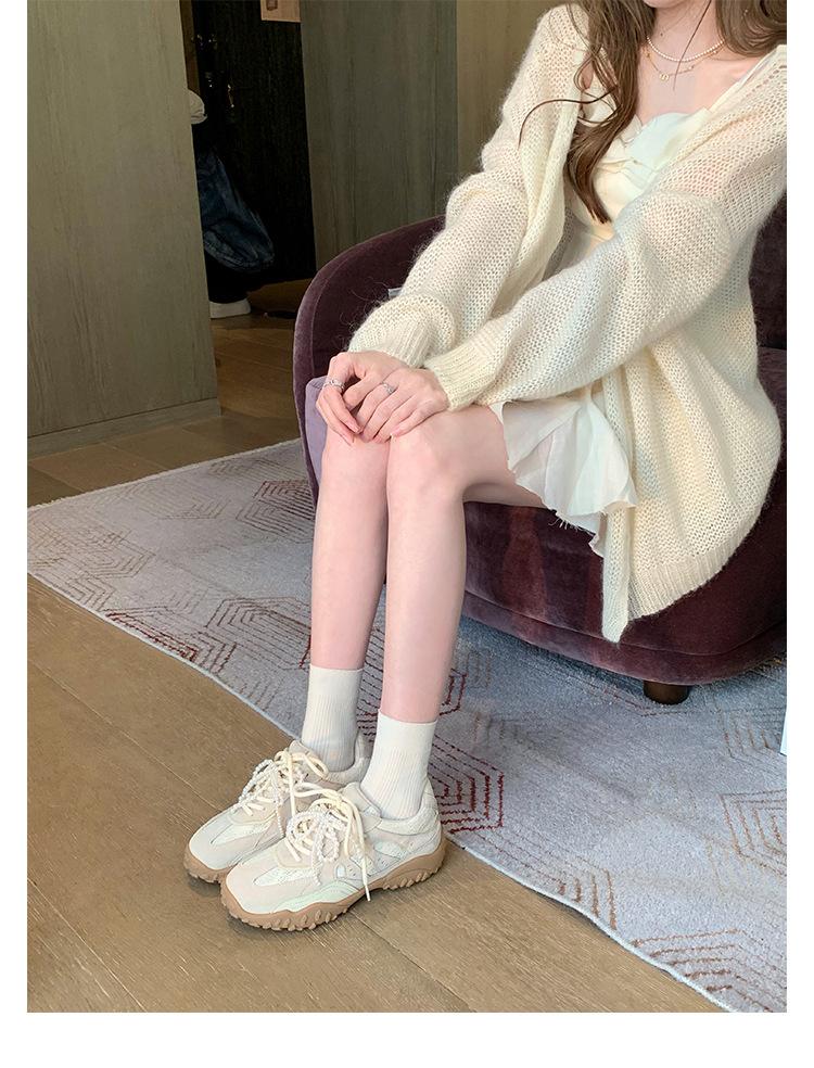 Cowhide Version Grape Mother Lace Splicing Casual Sports Shoes Pearl Belt Inner Heightening Platform Forrest Gump Shoes Women's Training Shoes