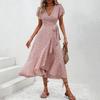 Boho Flowy Summer Floral Maxi Dress for Women V Neck Short Sleeve Wrap Beach Dress Casual Long Dress with Ruffle Hem and Split
