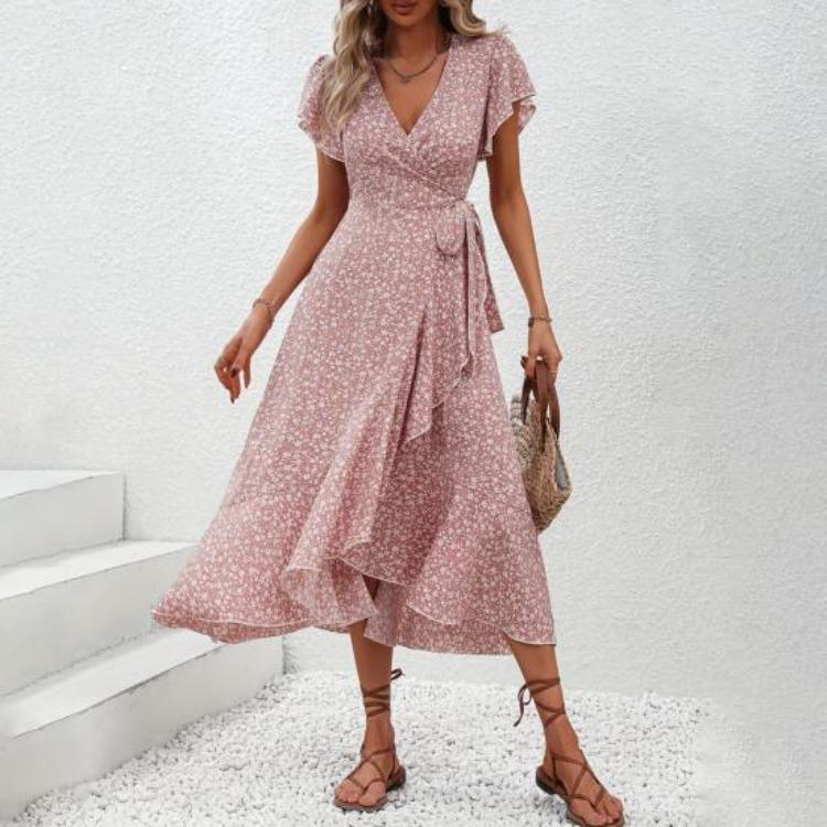 Boho Flowy Summer Floral Maxi Dress for Women V Neck Short Sleeve Wrap Beach Dress Casual Long Dress with Ruffle Hem and Split