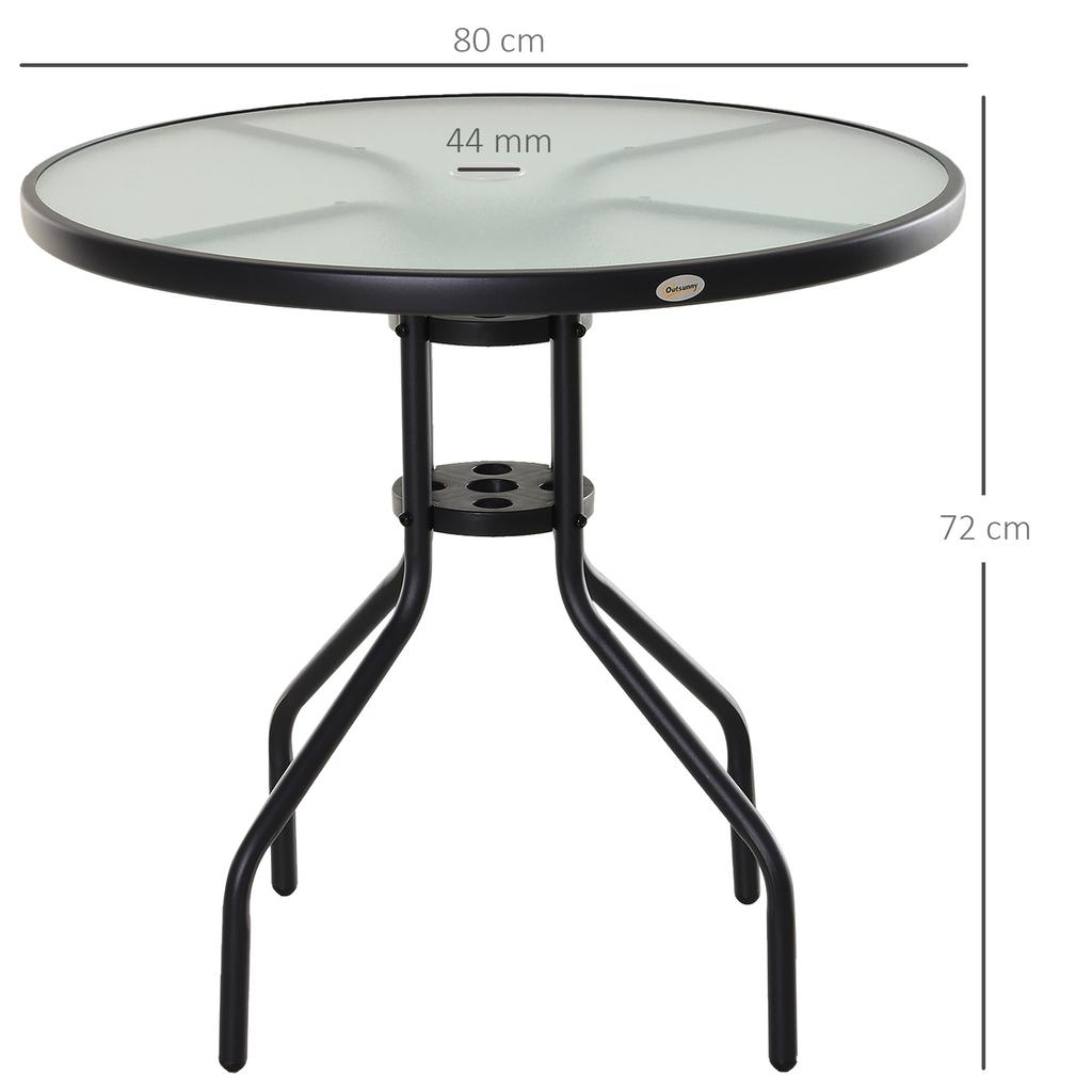 80 cm Schwarzer Runder Garten-Esstisch, Outdoor Kaffee Bistro Beistelltisch mit gehärteter Glasplatte und Stahlrahmen für Terrasse, Veranda