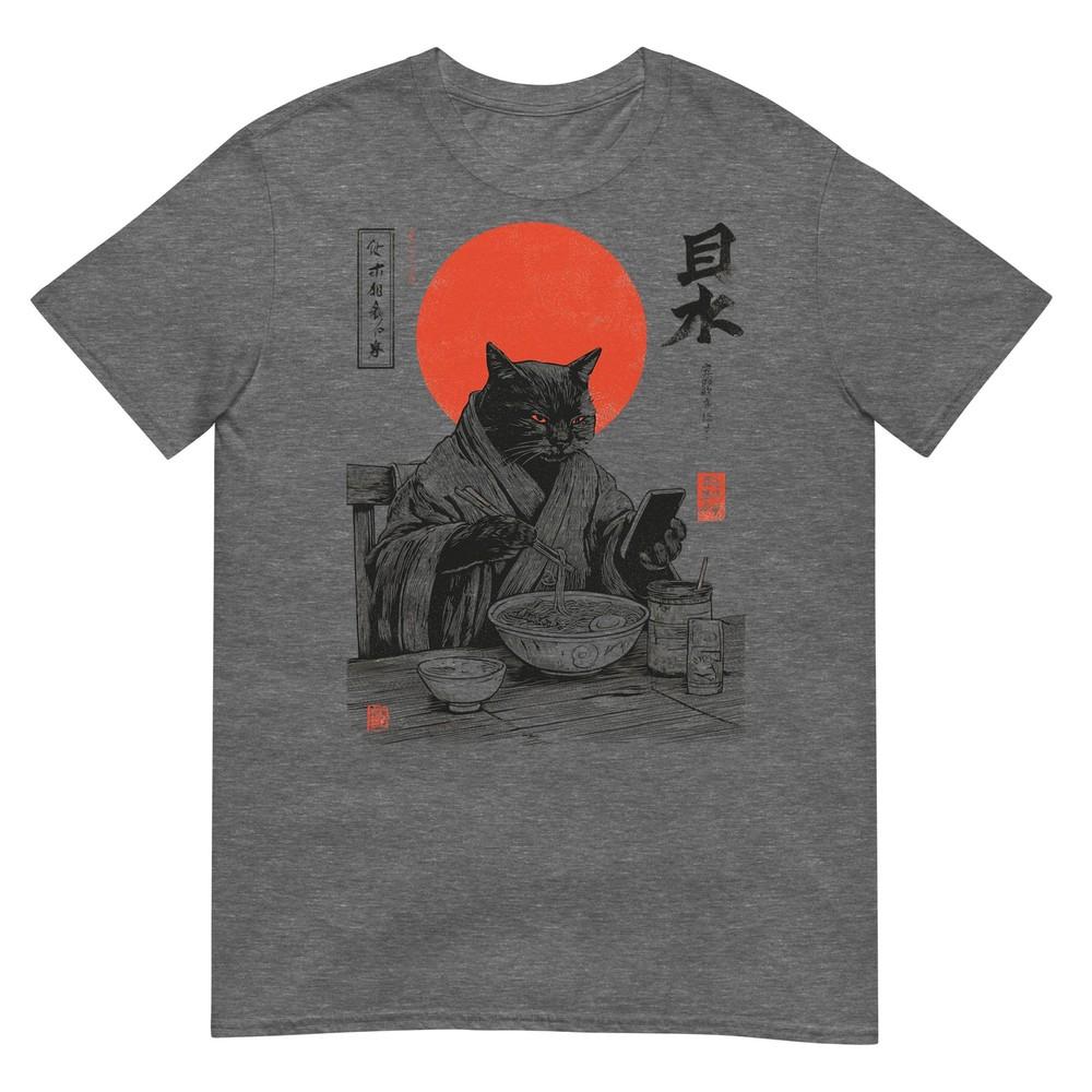 Samurai Cat Eat Raunisex Scroll Phone Japanese Food Humor Art Tshirt