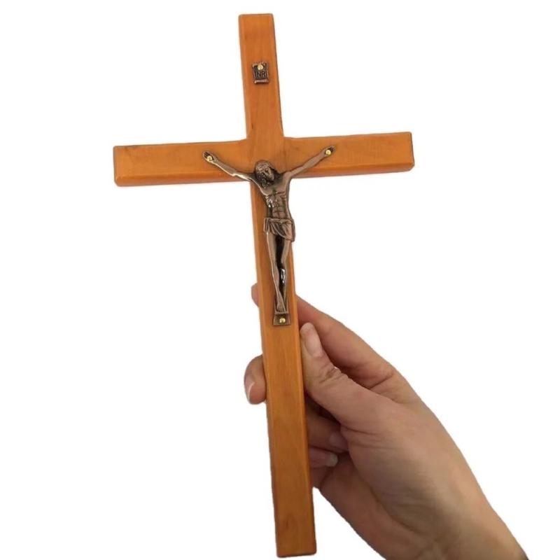 Crucifix Wall Cross Solid Wood Catholic Cross Decoration for Wall Christian Prayer Holding Cross Home Office Ornaments