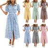 Women Casual Shirt Dress Midi Length Button Front Dress with Belted Waist and Short Sleeve Turn Down Collar Plaid Pattern