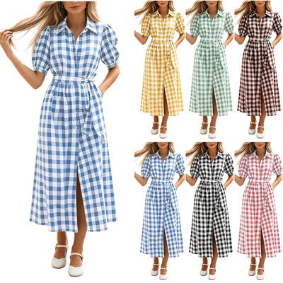Women Casual Shirt Dress Midi Length Button Front Dress with Belted Waist and Short Sleeve Turn Down Collar Plaid Pattern