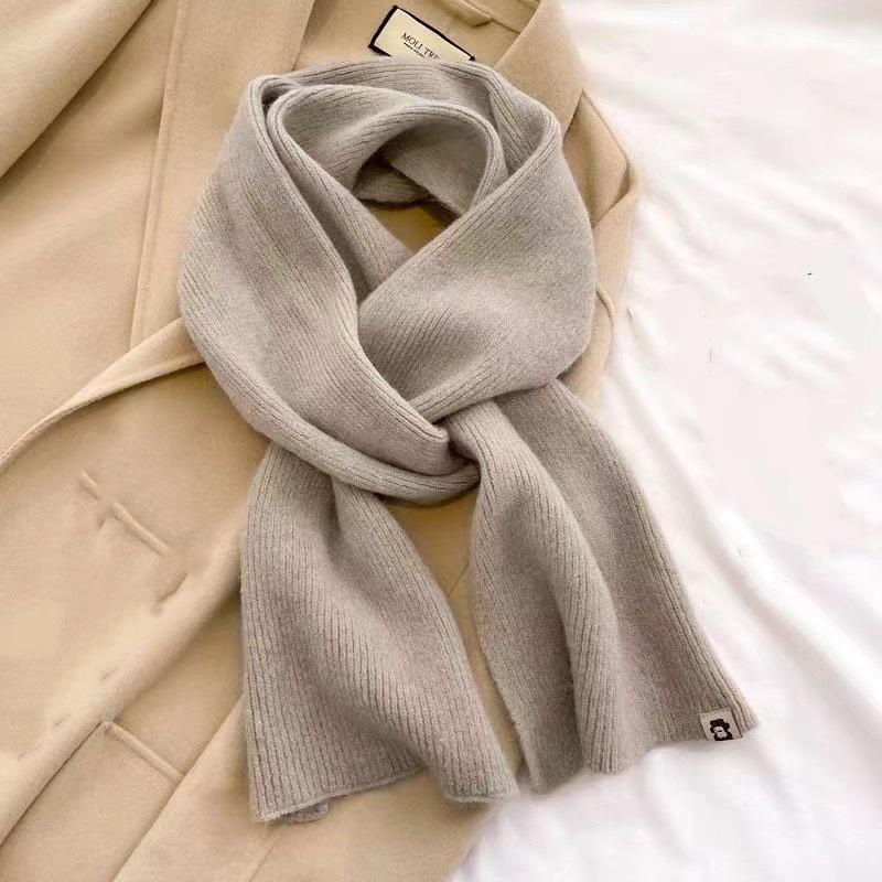 Korean Version Solid Color Versatile Bear Logo Scarf for Women Autumn and Winter Warm Knitted Cute Couple Student Scarf