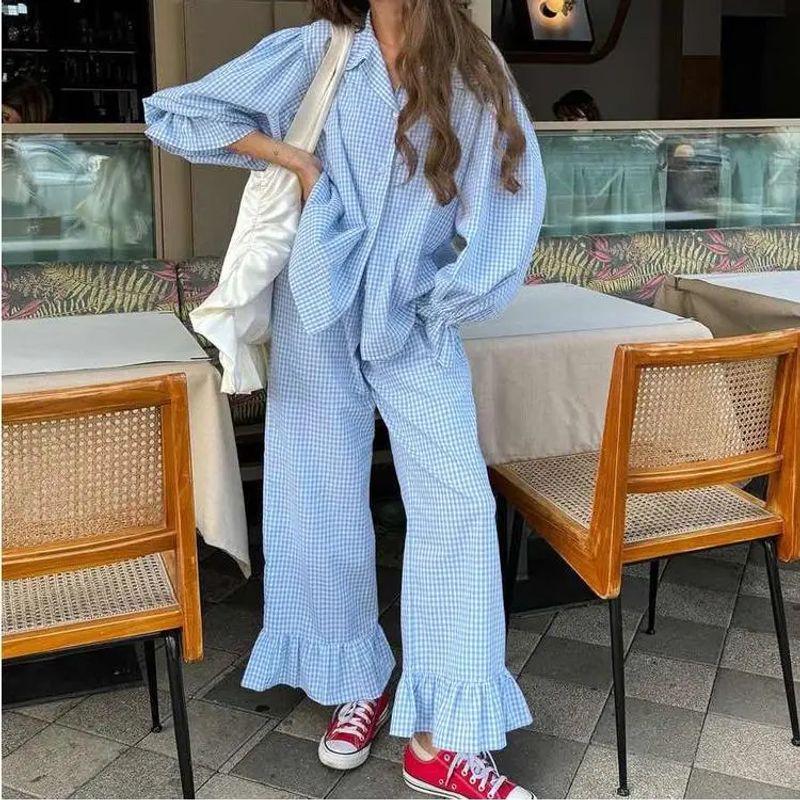 Fashion Casual Plaid Set Women clothes 2025 New Lapel Bell Sleeve Shirts Frill Trousers Two-piece Set