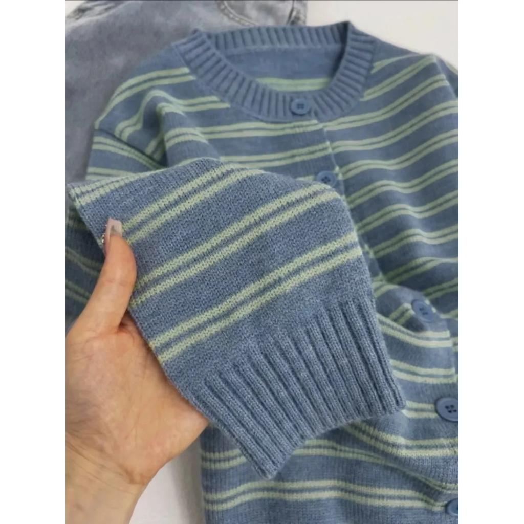 Contrasting Striped Knitted Cardigan Women's Autumn and Winter 2025 New Single-breasted Long-sleeved Sweater Niche Soft Waxy Coat Top