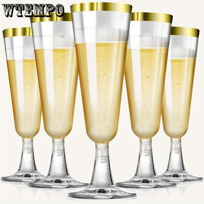 25 Stück goldene Champagnerflöten, Kunststoff-Champagnergläser, Einweg-Champagnergläser mit goldenem Rand, bruchsichere Weingläser, Becher, bruchsichere Weingläser, Kunststoffkelche