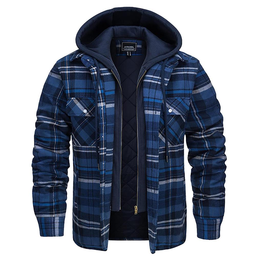 Plaid Flannel Shirt Jacket Men‘s Quilted Lined Coats with Removable Hood Winter Thick Hoodie Outerwear Heavy Shirts