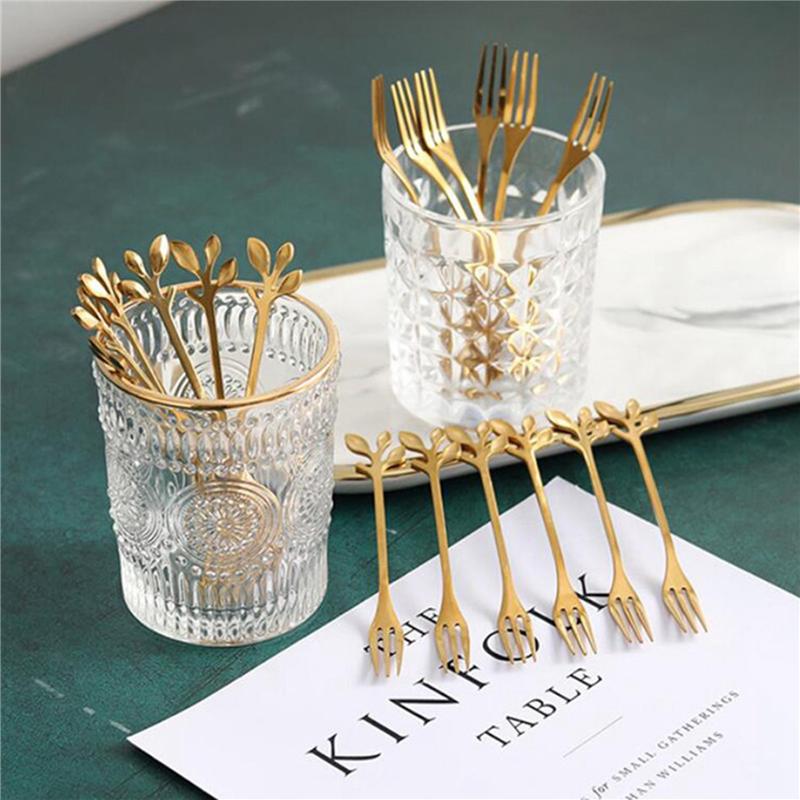 100Pcs Stainless Steel Flatware Fruit Fork Dinnerware Appetizer Snack Dessert Fork Kitchen Tableware Leaf Shape