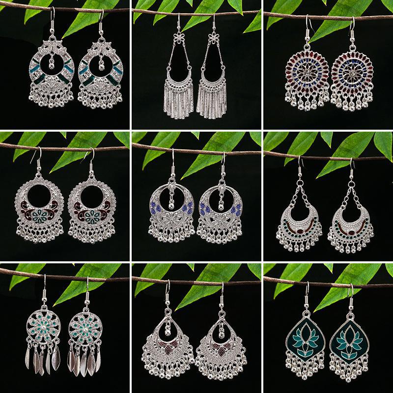 Vintage Ethnic Miao Silver Alloy Teardrop Tassel Earrings