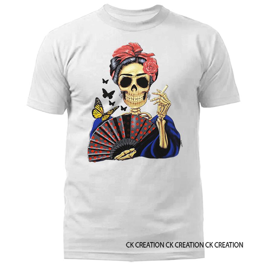 Skeleton with Fan Day of The Dead Graphic T-shirt Tee S