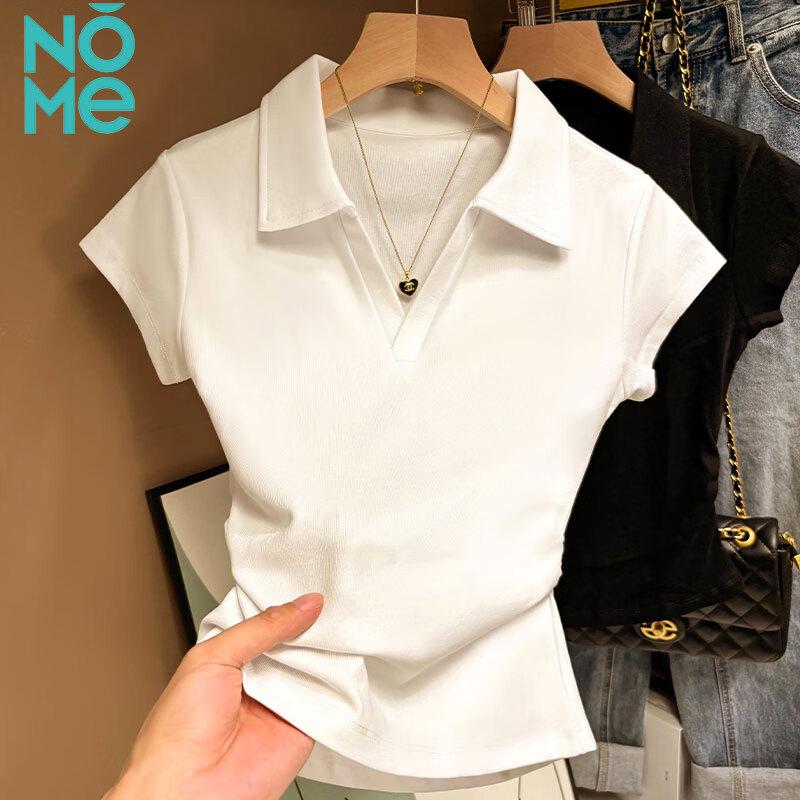 NOMe Women's Polo Collar Pleated Waist Cotton T-shirt