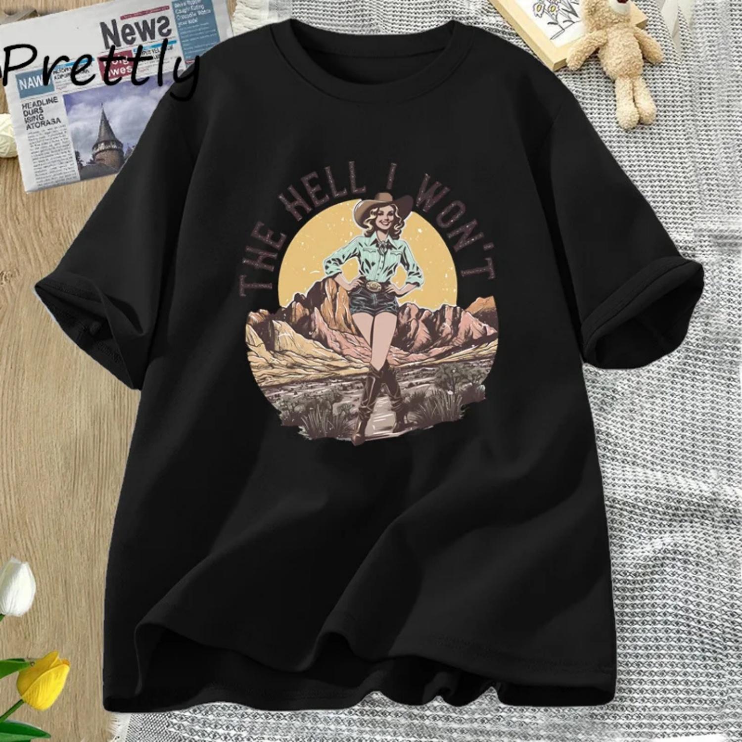 

Retro Western T-Shirt The Hell I Won t Tshirt Vintage Cowgirl T Shirt Country Western Oversized Tee Streetwear Woman Clothing S чёрный