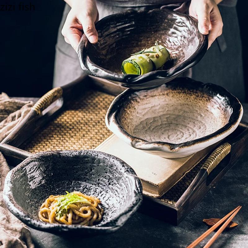 Irregular Ceramic Deep Bowl Retro Fruit Salad Bowl Thick Soup Bowl Noodles Bowls Dessert Bowls Restaurant Specialty Tableware