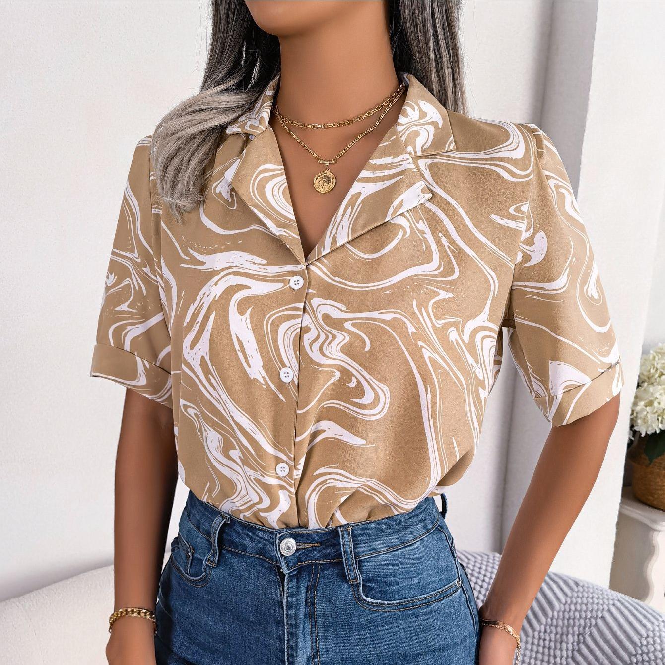 

GMXIA Жіночий модний повсякденний костюм з коротким рукавом, коміром, блузки та сорочки, кольорова контрастна вільна сорочка XL хакі