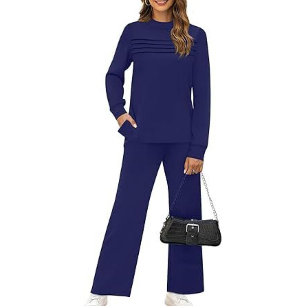 Ensemble de détente ample pour femme Sweatshirt rayé à manches longues et col rond Pantalon large à cordon de serrage