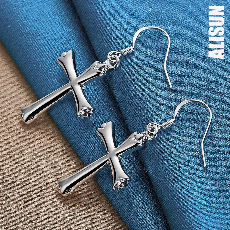 925 Sterling Silver Cross Pendant Piercing Earrings Fashionable Wedding Jewelry