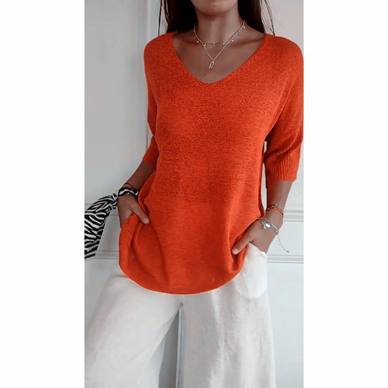 Women's European & American V-Neck Knit Sweaters, Slim Fit, Solid Color, 3/4 Sleeves, Casual Style