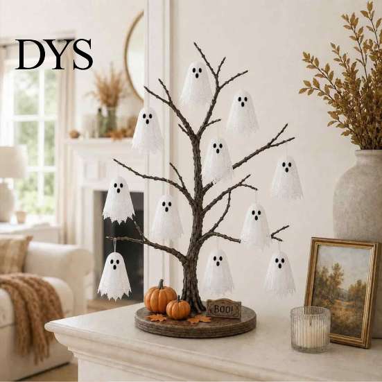Indoor Halloween Party Props Glowing Ghost Tree Tabletop Decor, LED Lighted with Kid Friendly Ornaments Hanging for Home, Fireplace Mantel,