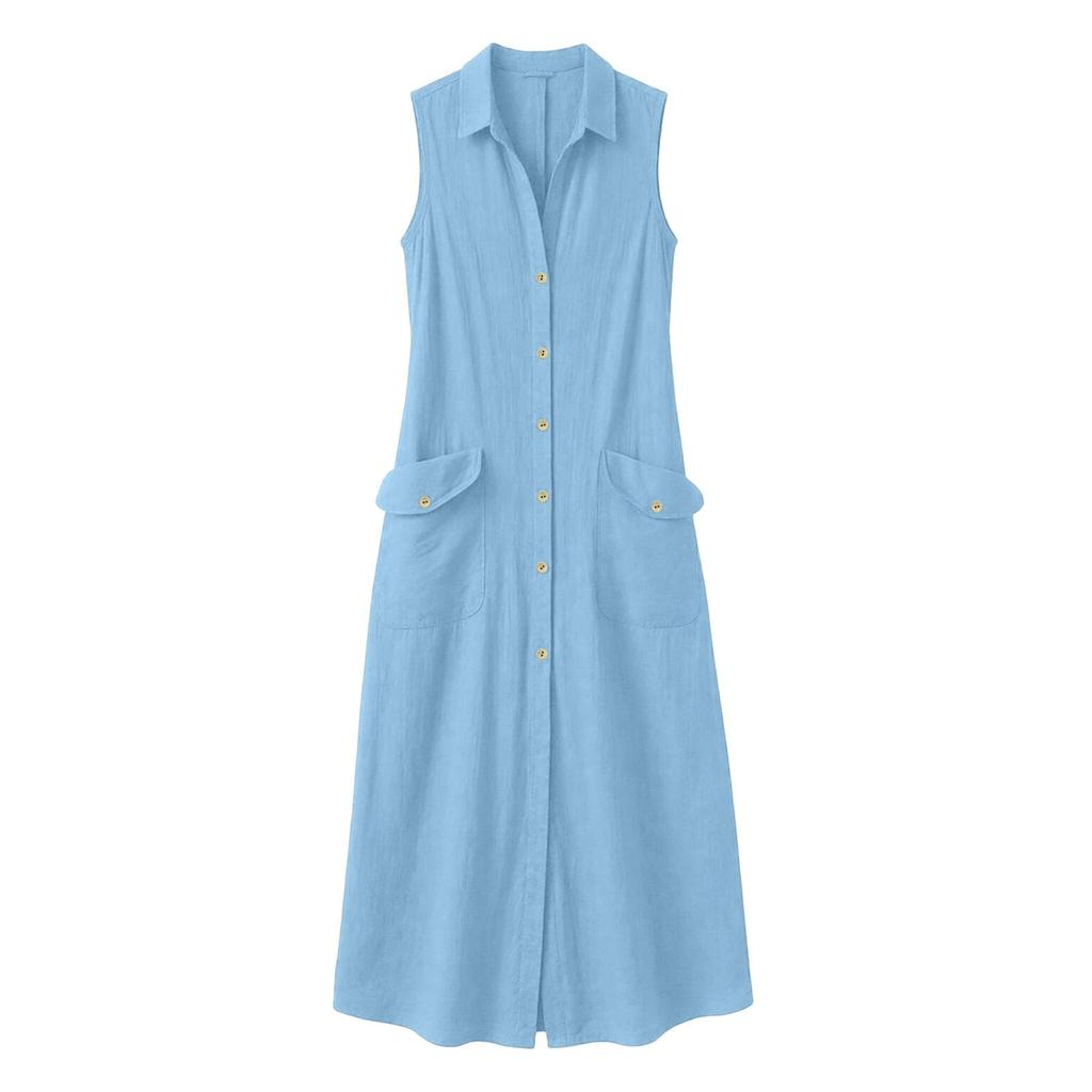 Fashionable Women's Linen Dress, Women's Sleeveless Button Down Long Skirt, Casual Flower Beach Vacation Sun Skirt With Pockets