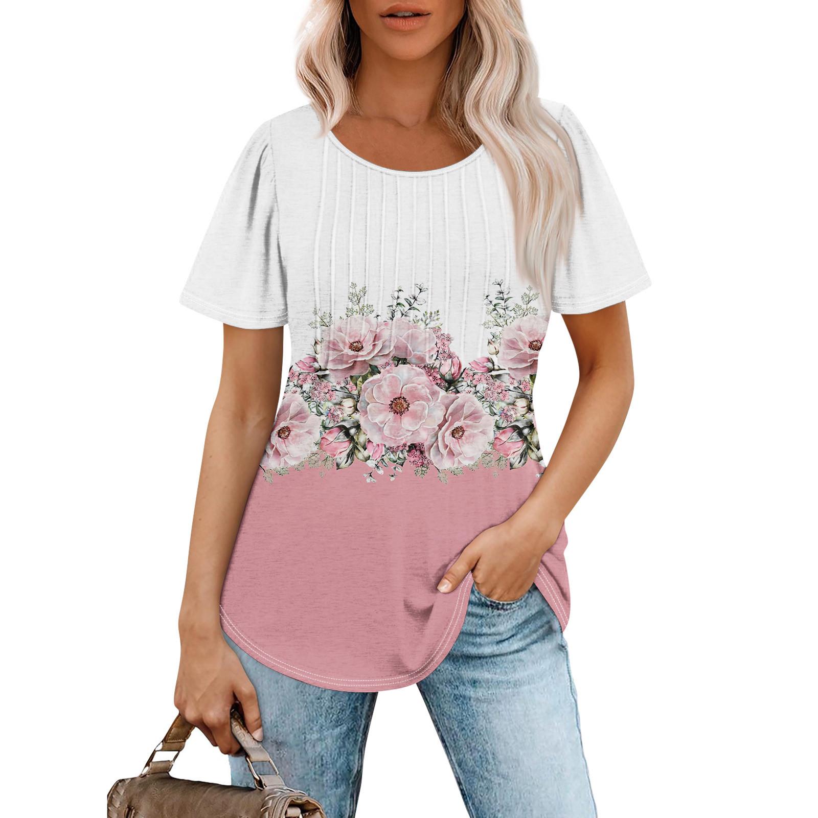 

Женская модная повседневная плиссированная футболка с короткими рукавами и круглым вырезом с принтом XL розовый