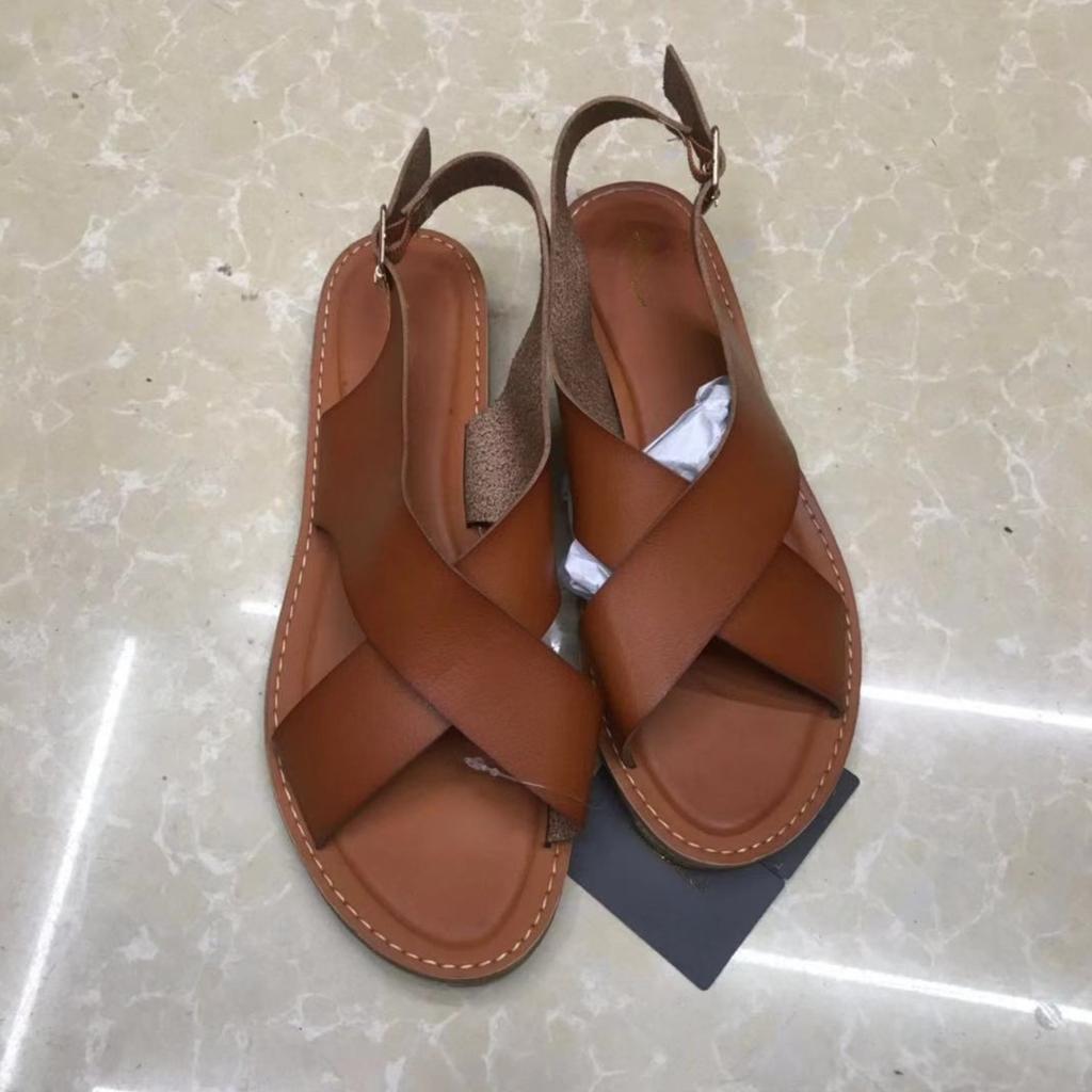 Fashion Women's Sandals Leather Ladies Shoes Summer Fashion Design Flat Bottom Cross Buckle Open Toe Large Size 37-41 Sapatos Femininos