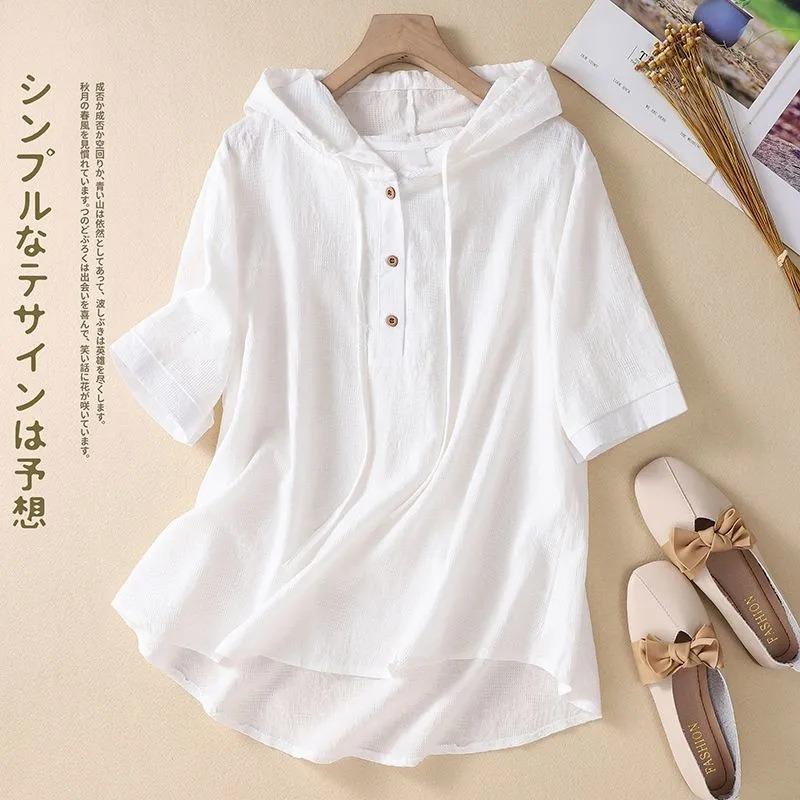 Women's Linen Hooded Half Button Top Loose Fit Short Sleeve Casual Waffle Knit Blouse