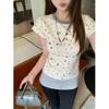 American Retro Star Print Front Shoulder Round Neck Slim Short Sleeve Women's Summer New Korean Design Top