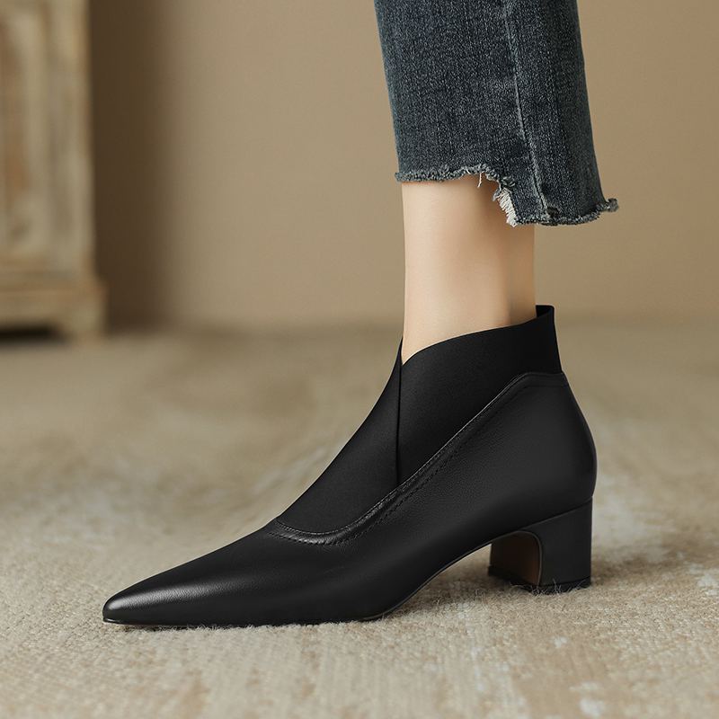 Krazing Pot Cow Leather Sheep Suede Winter Pointed Toe Med Heels Modern Boots Women Slip On Ankle Boots