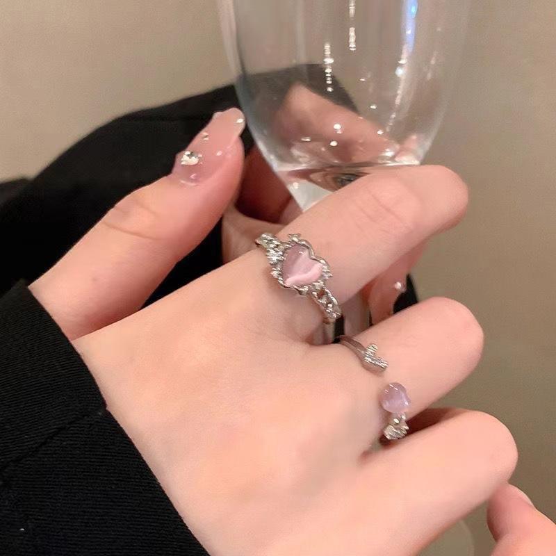 Kpop Y2K Pink Heart Opal Rings for Women Korean Fashion Cross Star Opening Finger Ring Sweet Girls Party Jewelry Gifts