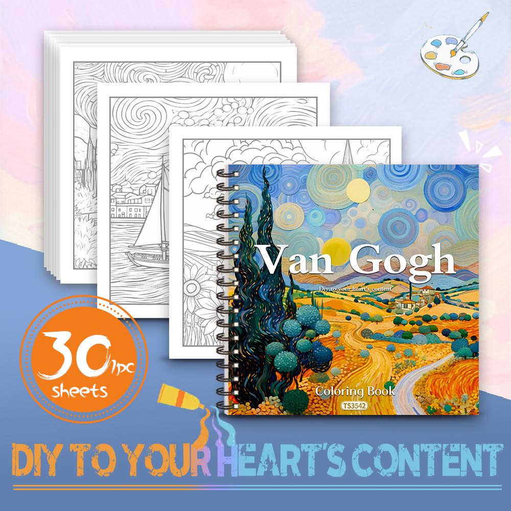 Van Gogh Colouring Book - 30 Sheet Adult Colouring Book, 100gsm8.3x 8.3 inch, Drawing Book, Birthday Gift, Holiday Party Gift