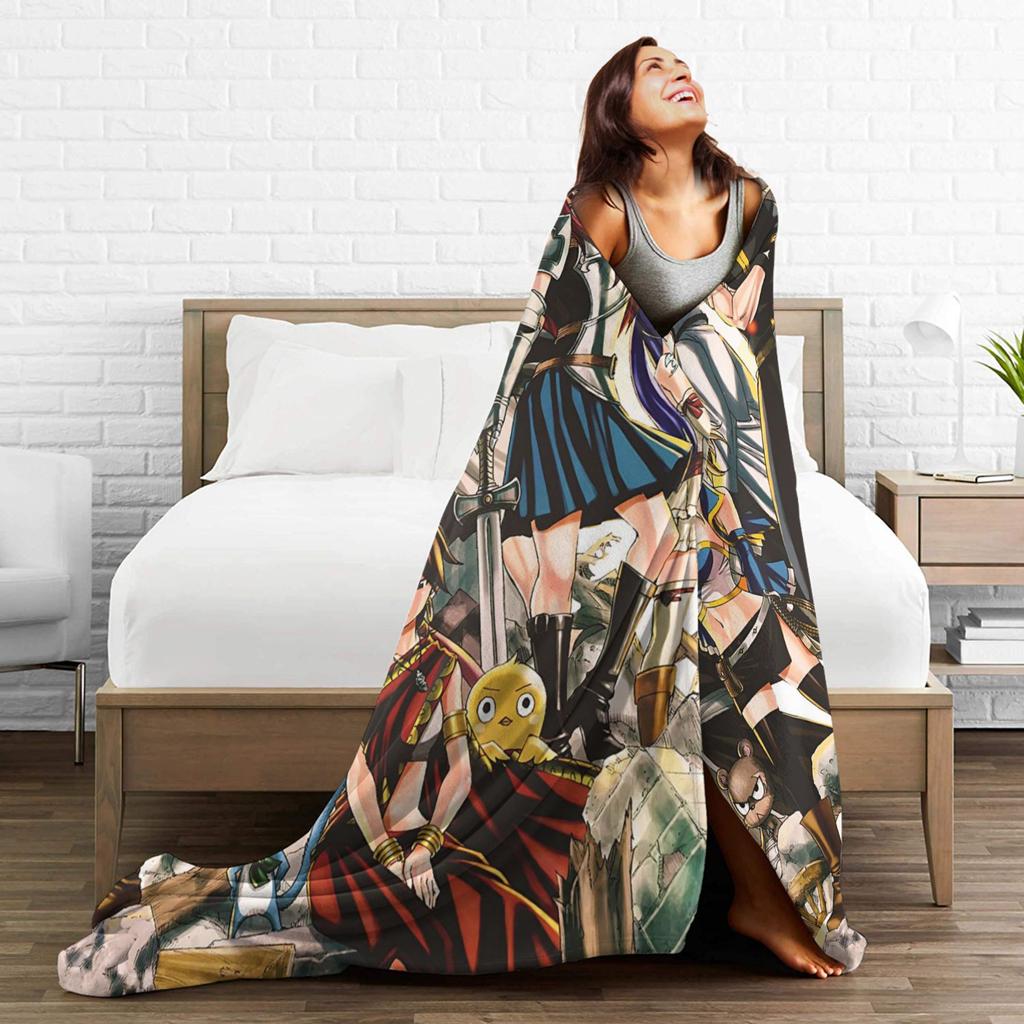 Natsu Erza Lucy Happy Blanket Velvet Spring Fairys Tails Portable Lightweight Thin Throw Blanket for Home Couch Rug Piece