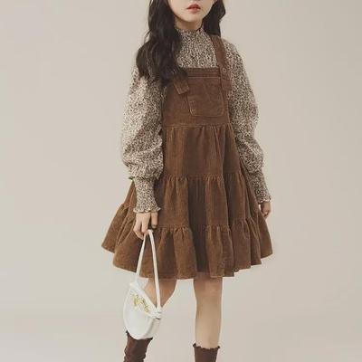 2024 Girls' Korean-Style Floral Suspender Skirt Dress Set: Spring/Autumn Two-Piece for Kids