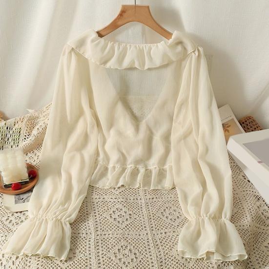 Cardigan in chiffon con scollo a V, lacci, camicia leggera, colore unito, bordo con volant, estivo, sottile, protezione solare, da indossare tutti i giorni