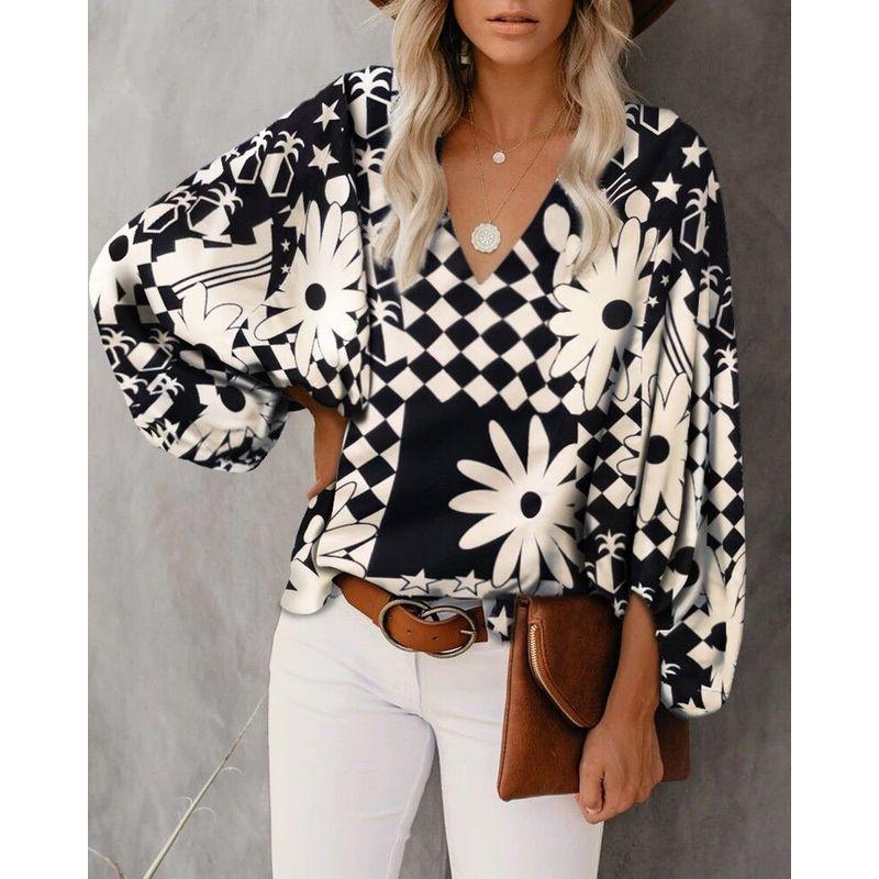 

Летняя рубашка с V-образным вырезом, топ с рукавами-фонариками с принтом, 2022 Sunflower L